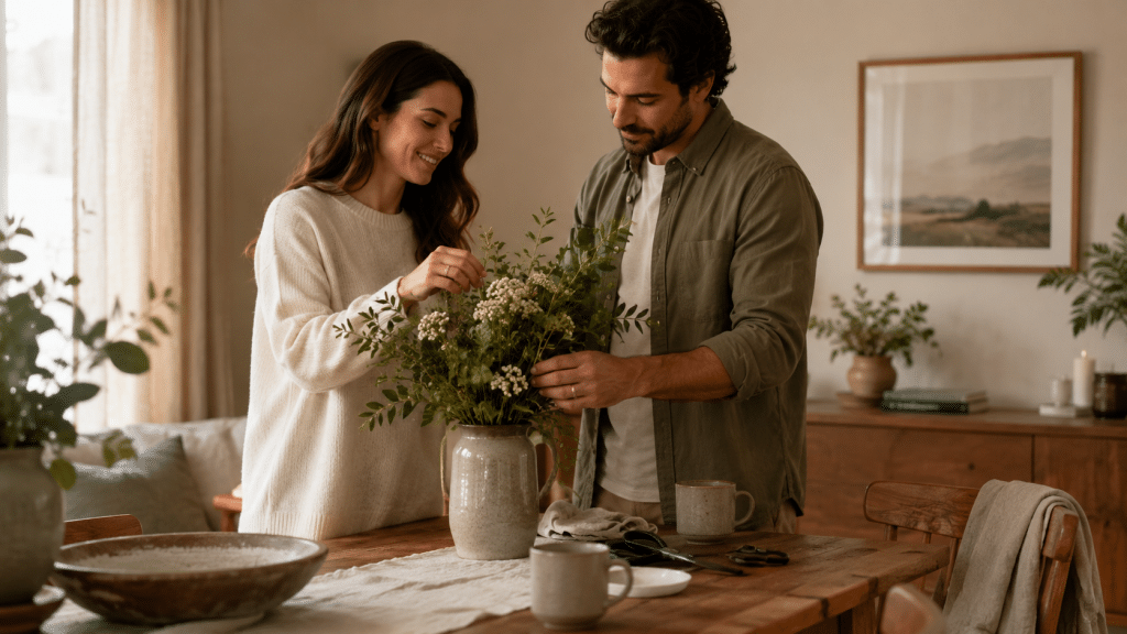 Couple arranging flowers in ceramic vase on wooden dining table in cozy living room