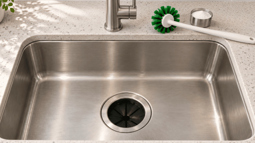 clean garbage disposal sink with a circular brush and baking soda arranged beside the faucet