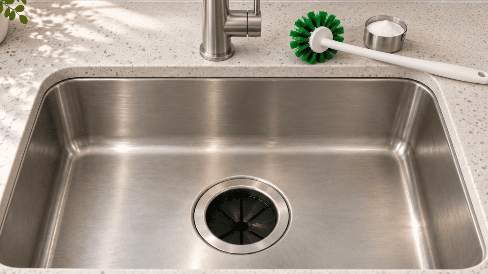 clean garbage disposal sink with a circular brush and baking soda arranged beside the faucet