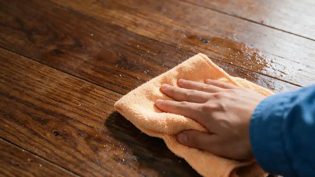 Hand wiping moisture and dirt from a dark hardwood floor with an orange microfiber cloth.