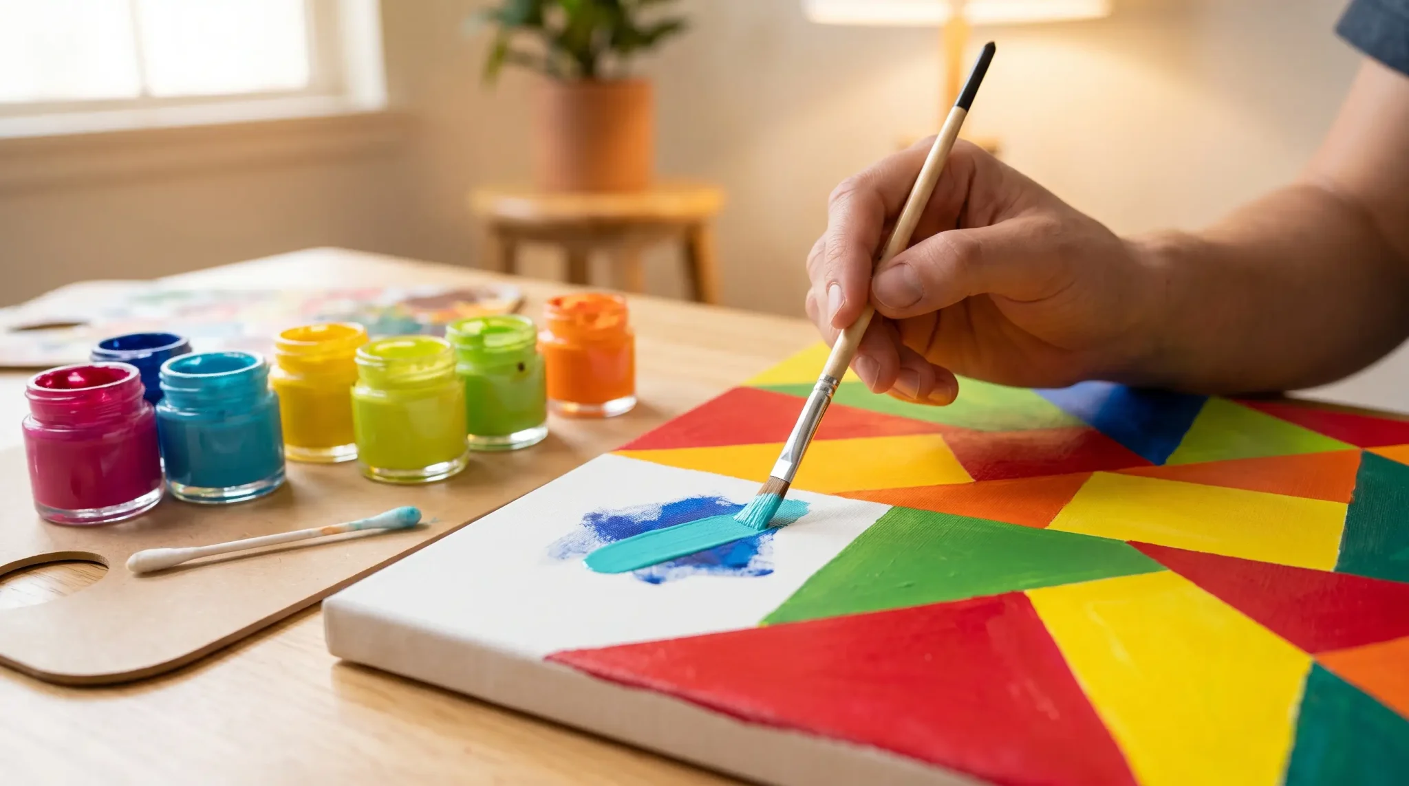 Hand painting abstract geometric design on canvas with colorful acrylic paints in cozy indoor setting