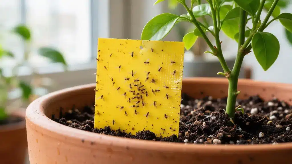 Yellow sticky trap covered with fungus gnats in a terracotta houseplant pot beside green leaves in soft window light