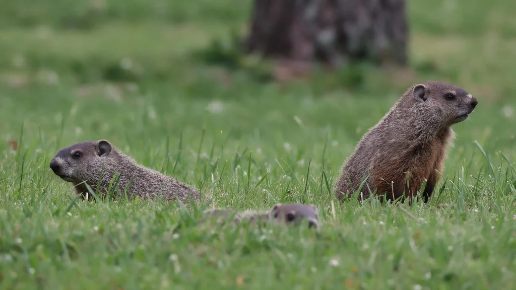 Family of groundhogs emerging from their burrow entrances in an open grassy yard