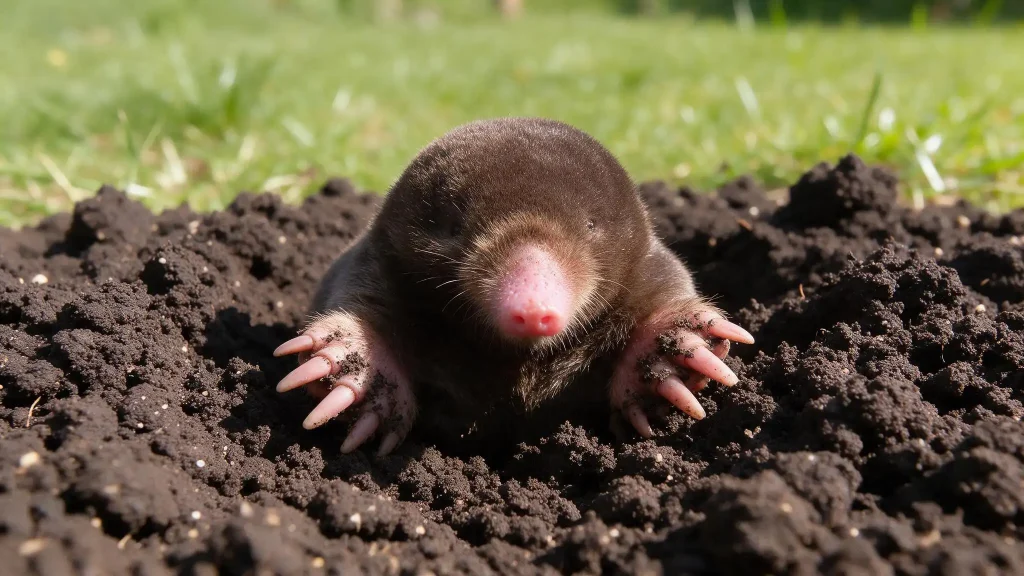 Close up of a brown mole emerging from loose dark soil in a green lawn with its pink nose and digging claws visible