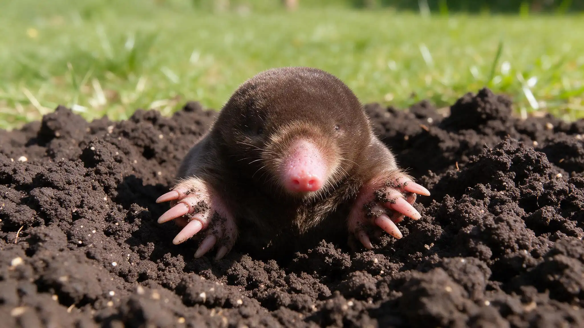 Close up of a brown mole emerging from loose dark soil in a green lawn with its pink nose and digging claws visible