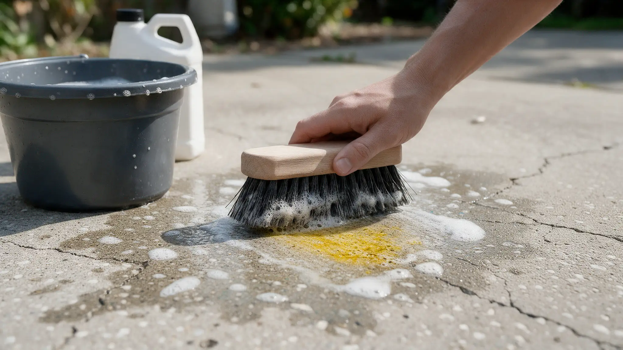 Hand scrubbing yellow spray paint from concrete with a stiff brush beside a bucket of soapy water in daylight outside