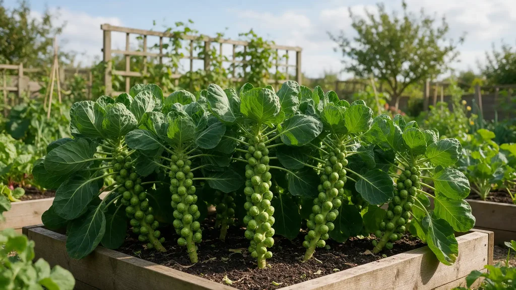 Healthy mature Brussels sprout plants filled with firm green sprouts growing closely in a raised backyard garden bed