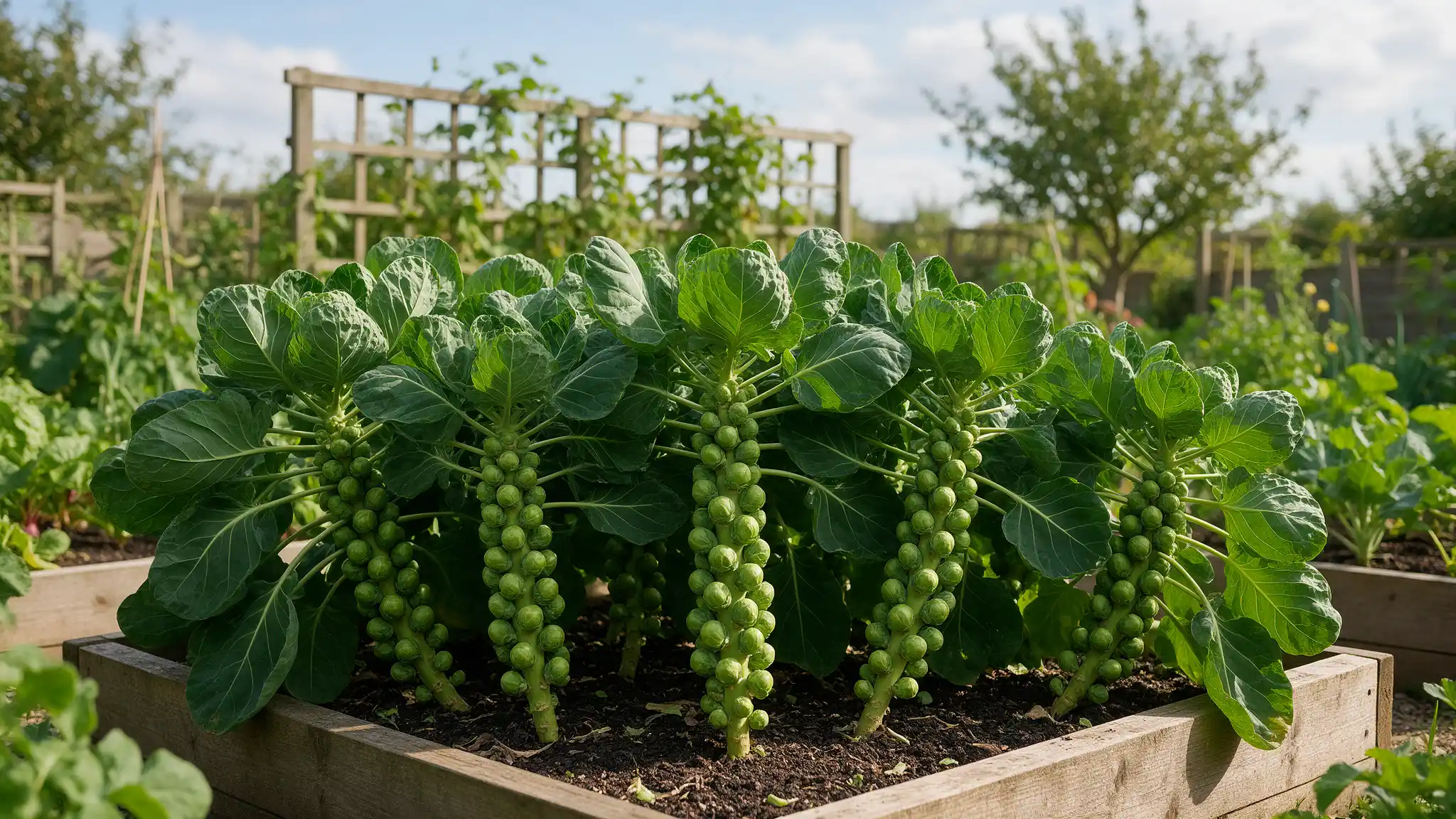 Healthy mature Brussels sprout plants filled with firm green sprouts growing closely in a raised backyard garden bed