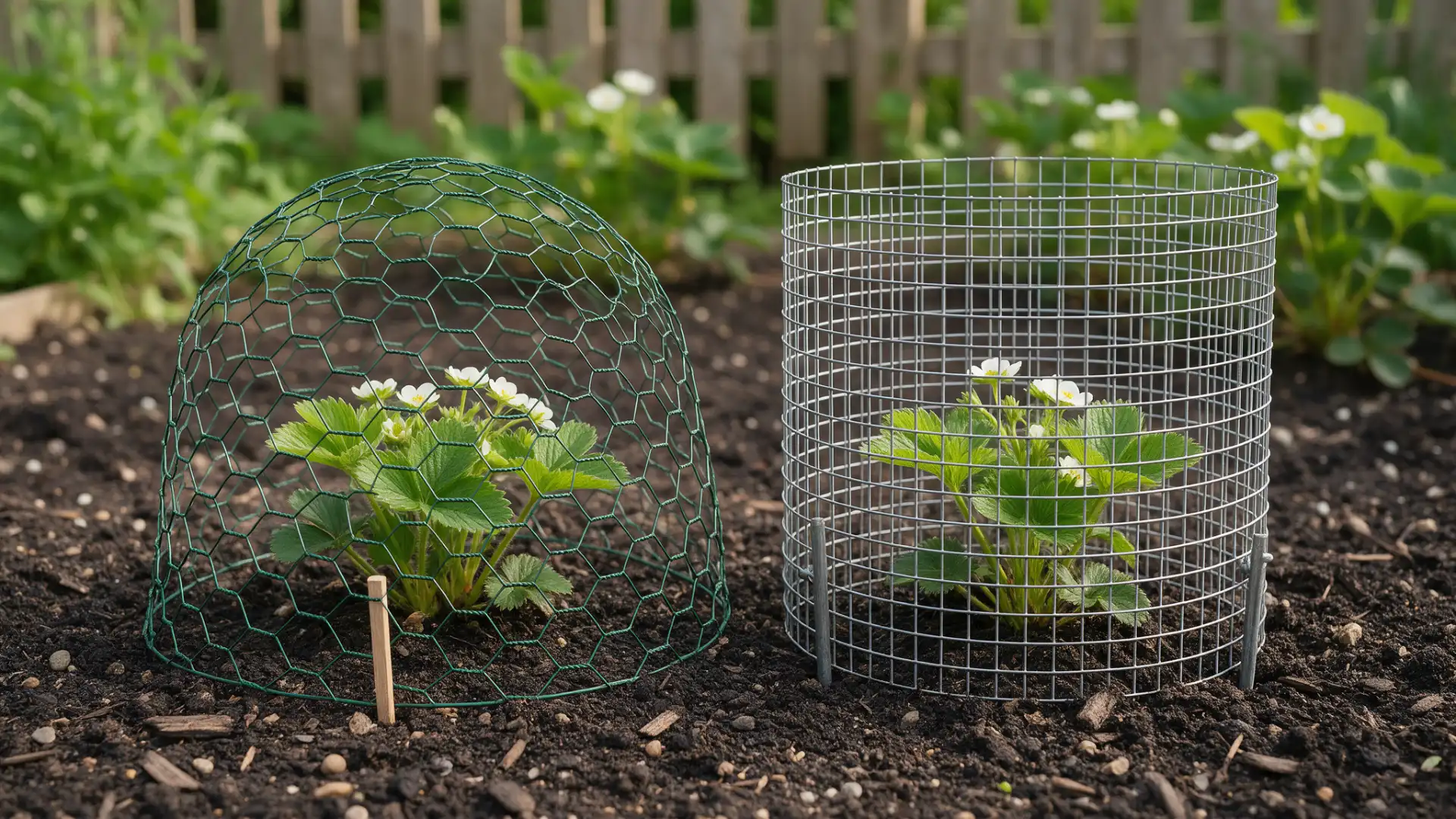 Wire cloches protecting small plants in soil