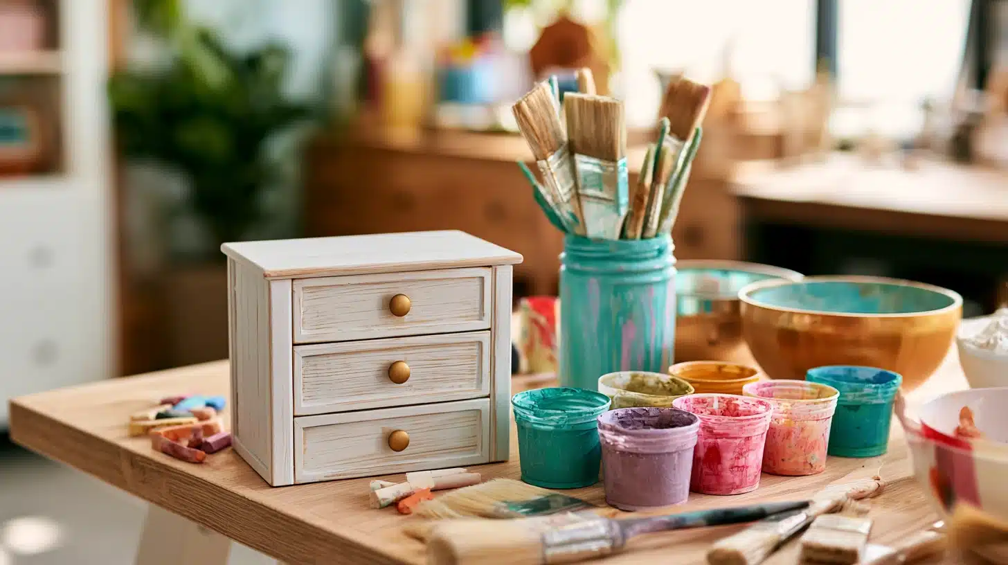 A small wooden drawer unit sits on a table beside paintbrushes, colorful paint cups, palettes, and a bowl.