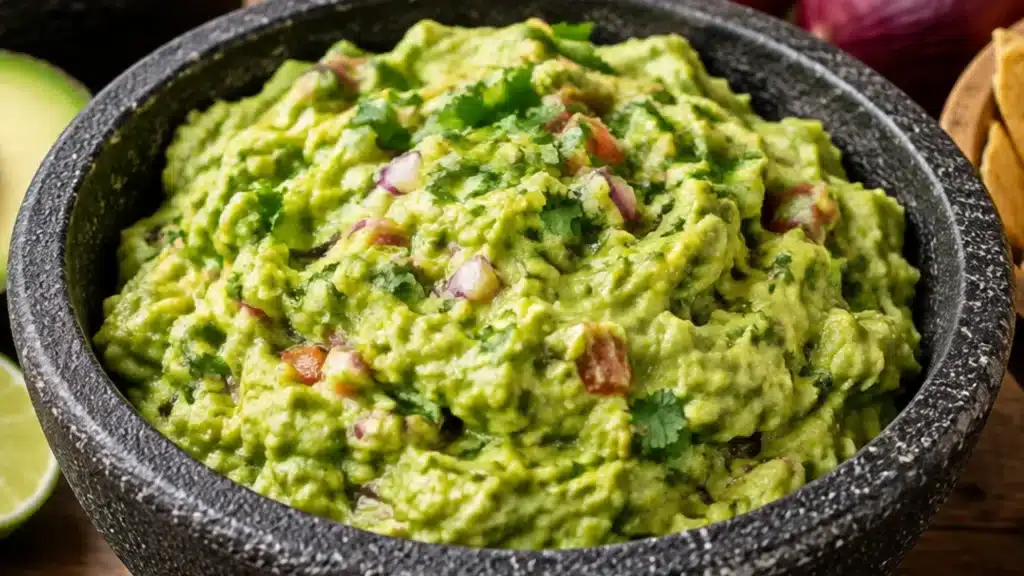Fresh homemade guacamole with mashed avocado, diced red onion, tomato, cilantro, and lime served in a black stone bowl.