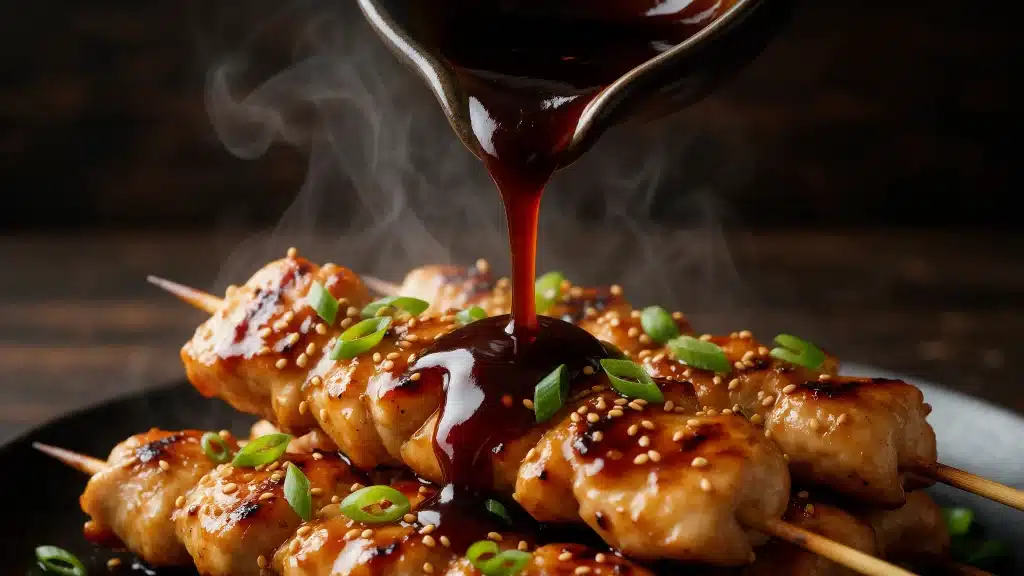 Dark sauce poured over grilled chicken skewers topped with green onions and sesame seeds