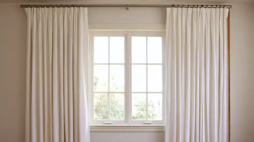White floor-length curtains frame a double-pane window with divided panes, showing leafy greenery outside.