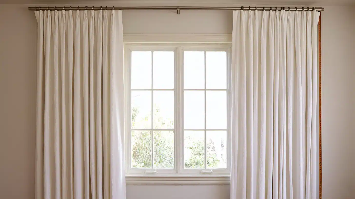 White floor-length curtains frame a double-pane window with divided panes, showing leafy greenery outside.