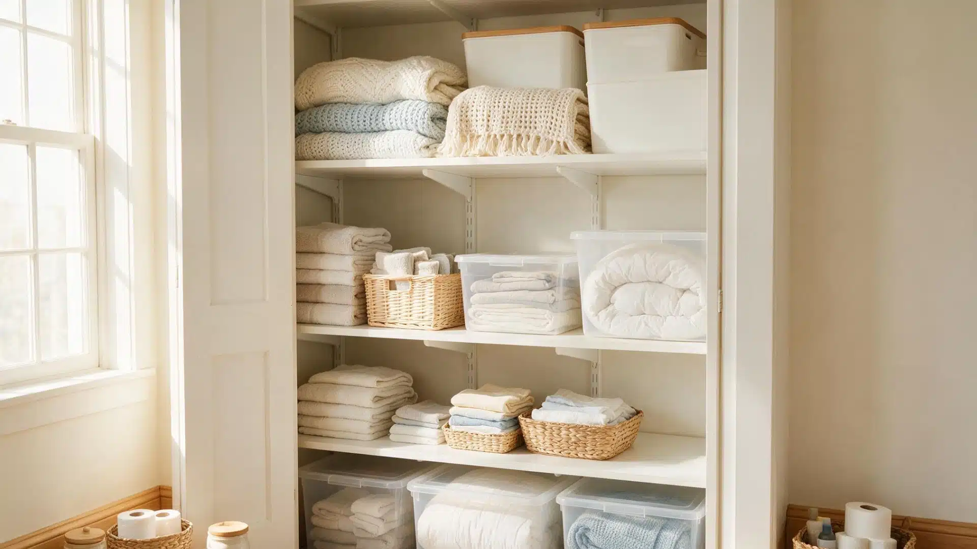 Linen closet organization in progress with folded towels blankets baskets and clear storage bins arranged on open shelves.