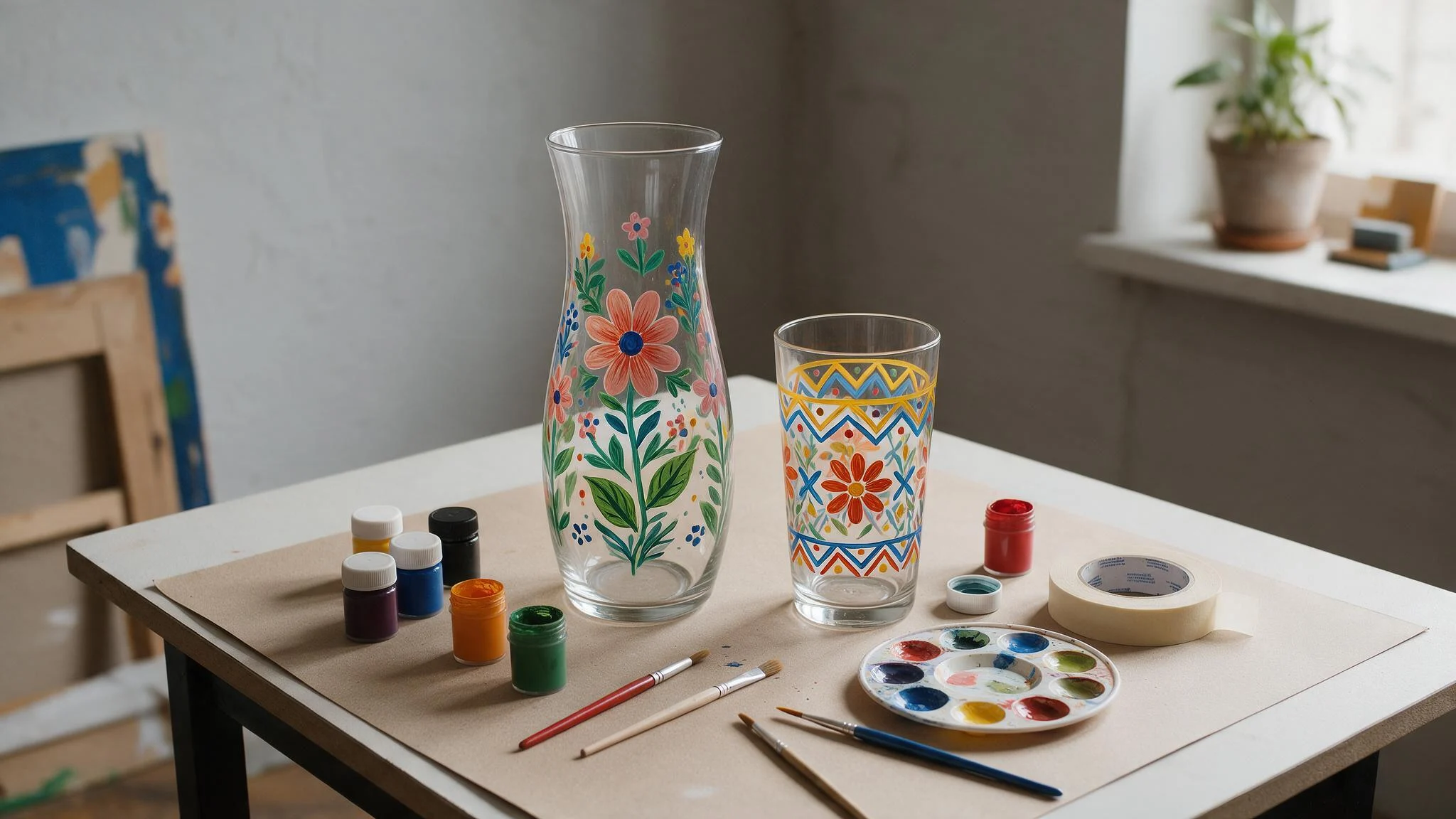 Painted glass vase and tumbler with colorful floral and geometric patterns beside paints brushes and masking tape