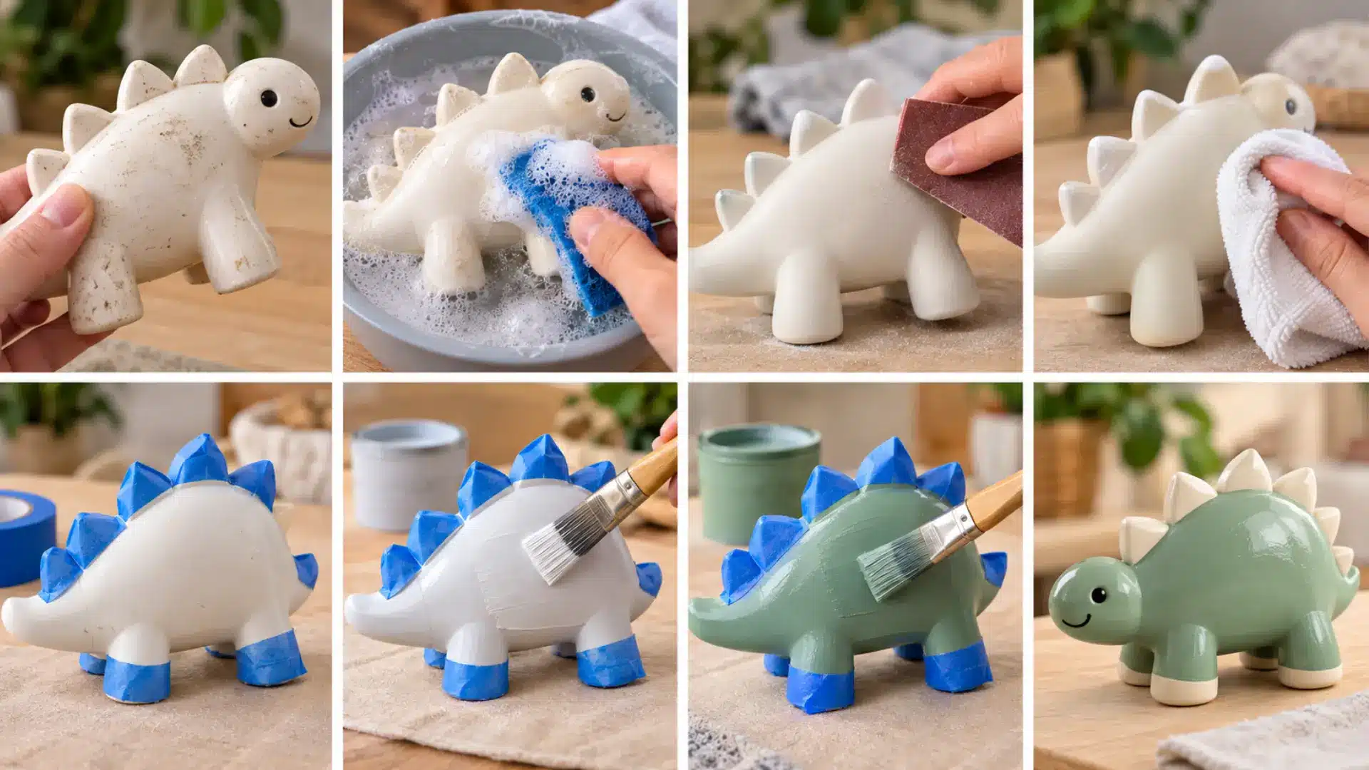 A collage shows a dinosaur-shaped planter being washed, scrubbed, dried, painted green, and completed with white spikes and feet.