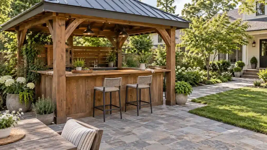 Wooden outdoor gazebo with bar stools and potted plants in a landscaped backyard patio