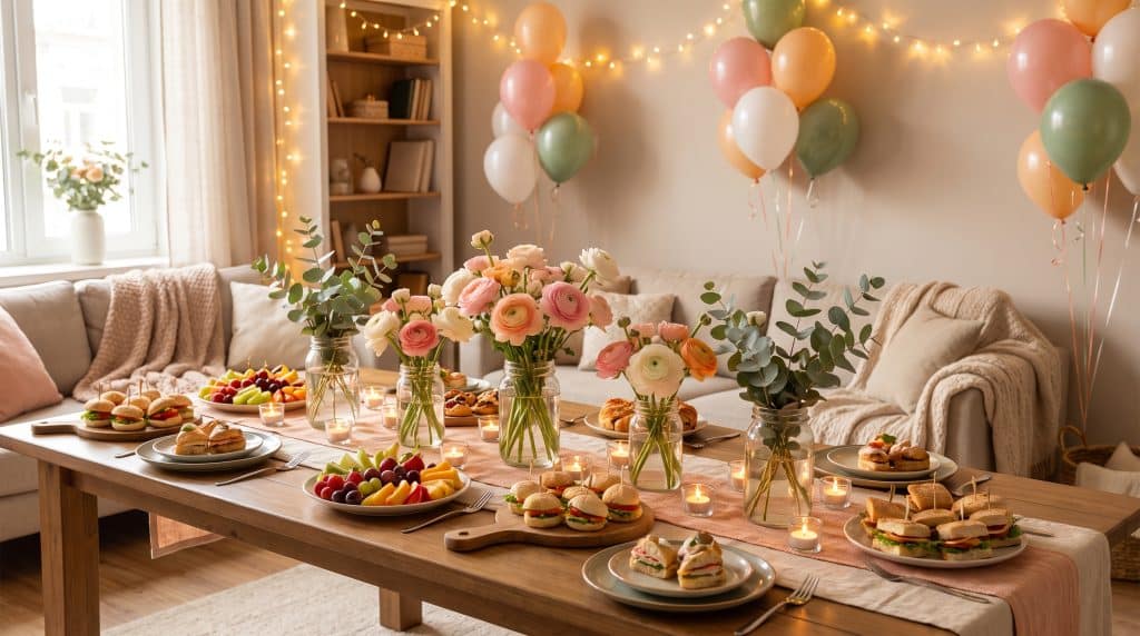 Party table with sandwiches and fruit, decorated with flowers and balloons in cozy living room