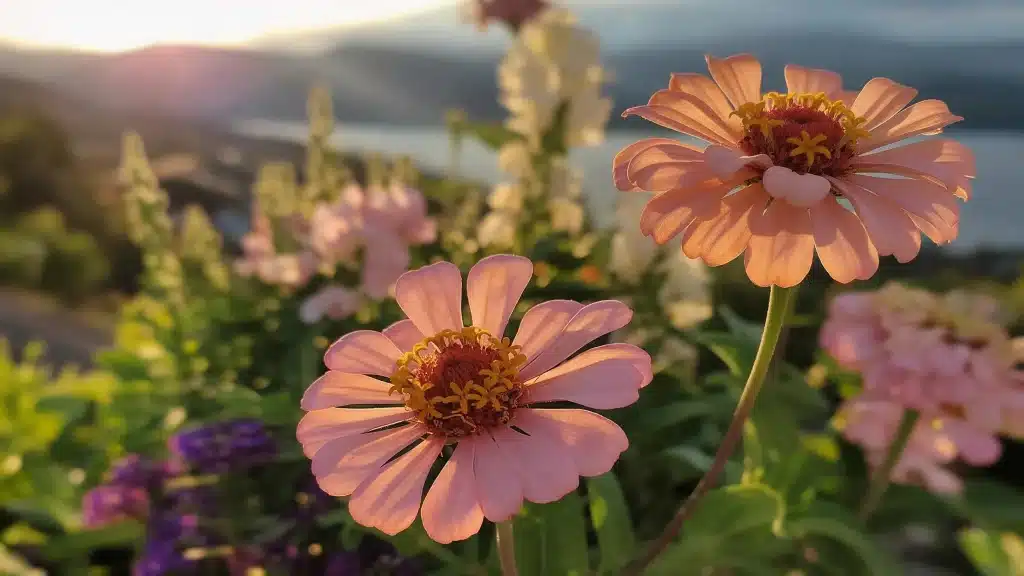Sunlit pink flowers in the foreground, with a scenic mountain range behind them