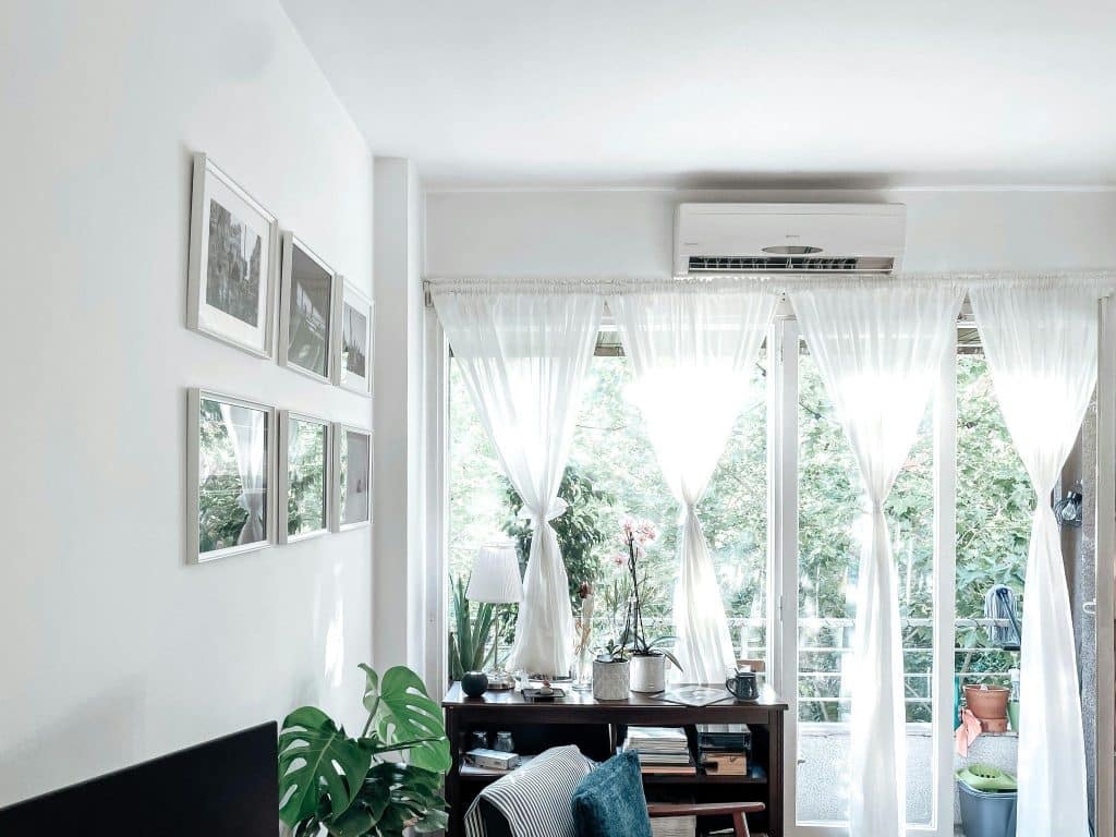Bright living room with sheer curtains, indoor plants, and framed artwork on white walls