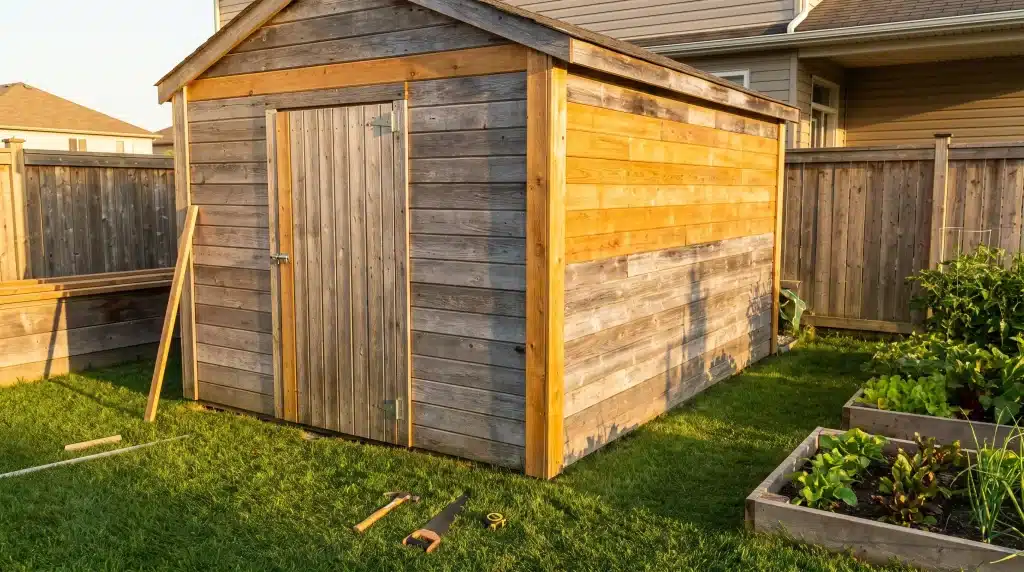 Wooden garden shed with tools on lawn beside raised vegetable beds in sunny backyard