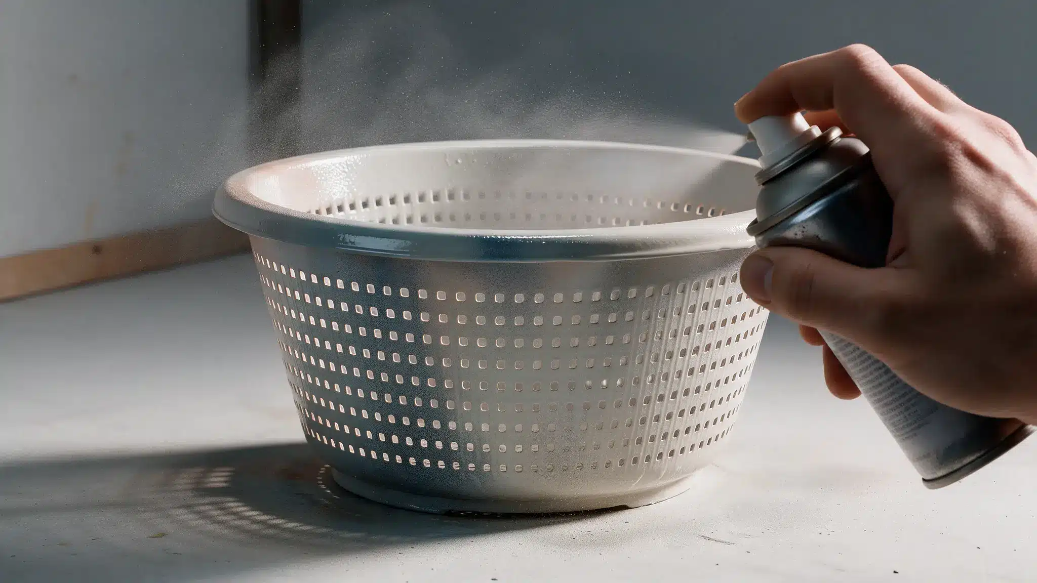 A hand sprays an aerosol can toward a white perforated plastic basket on a countertop.
