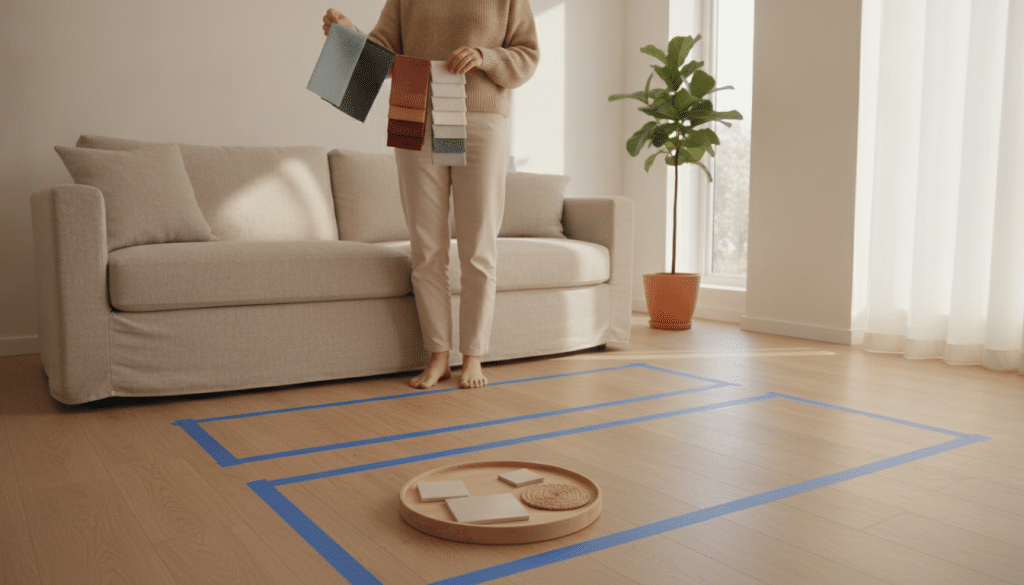 Person holding fabric swatches in bright living room with neutral sofa and potted plant