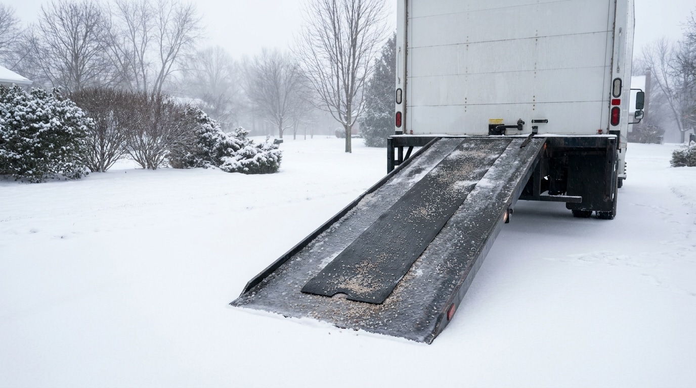 Moving truck with extended ramp on snow-covered driveway in winter landscape