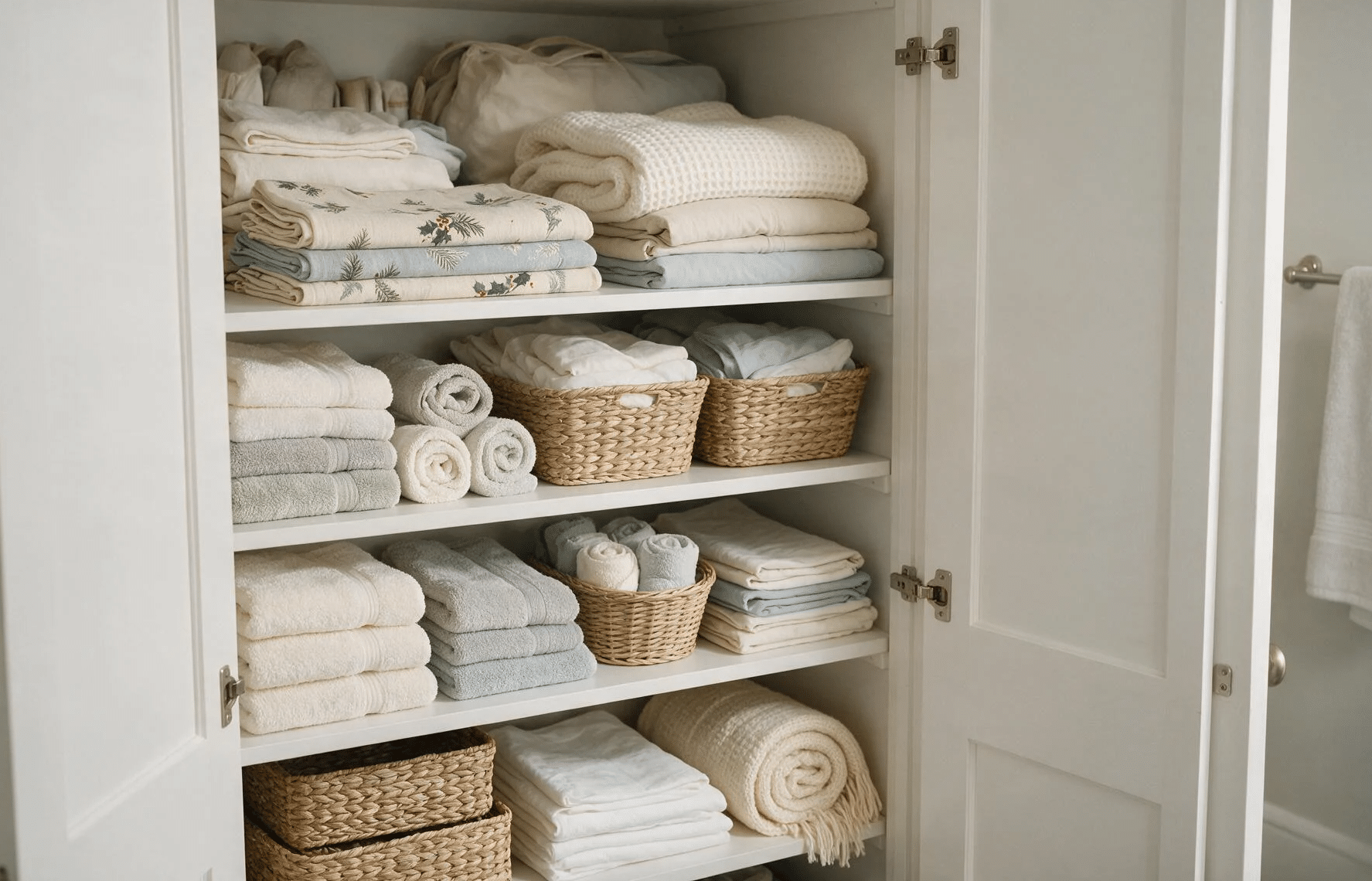 Guest sheets extra blankets and seasonal table linens stored neatly on the top shelf.