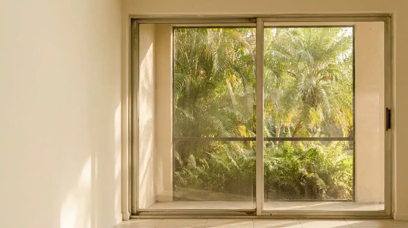 Sliding glass door overlooking lush green palm trees in bright natural light