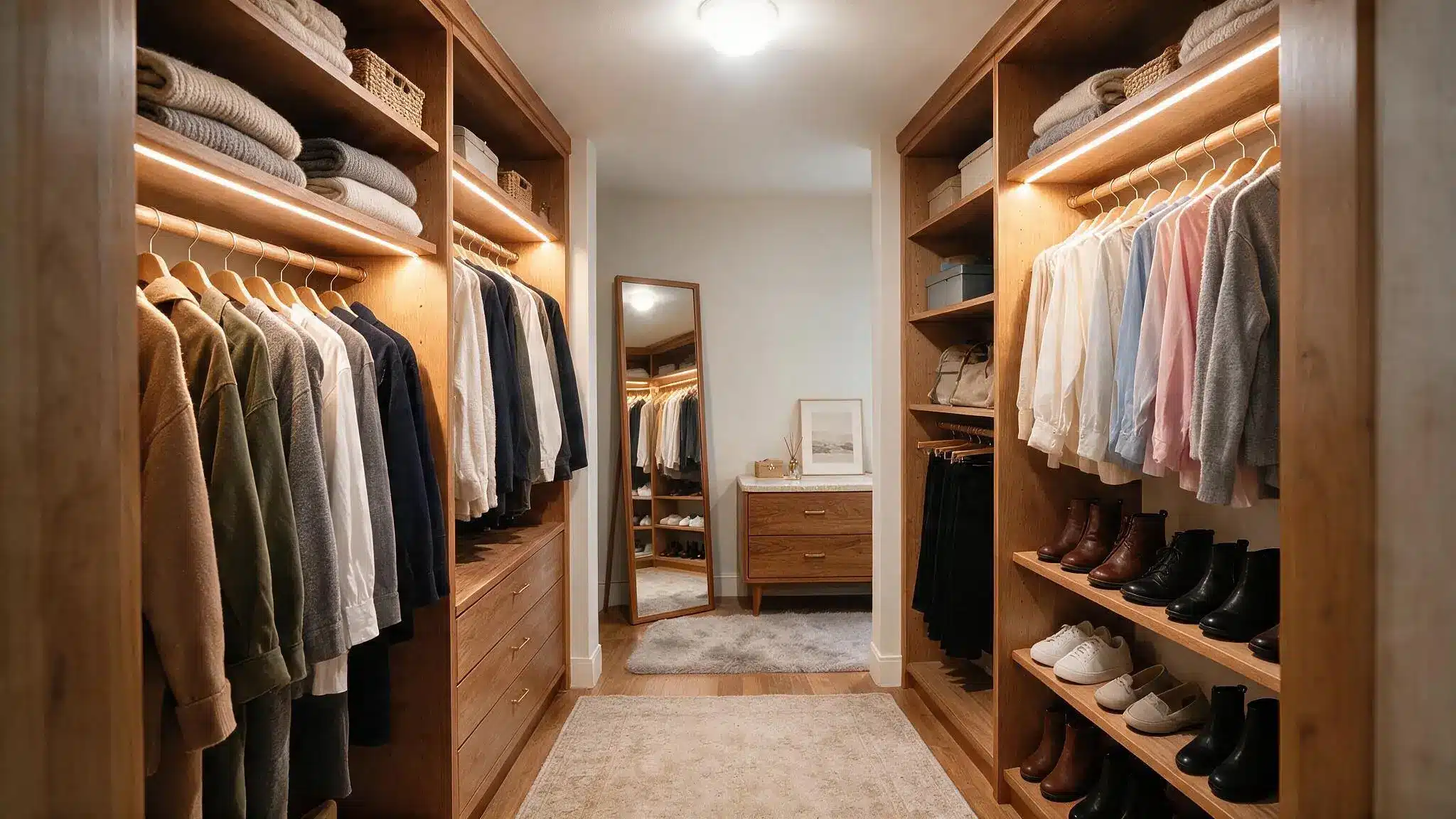 Small walk in closet with warm wood built ins LED shelf lighting hanging clothes shoe shelves and a full length mirror