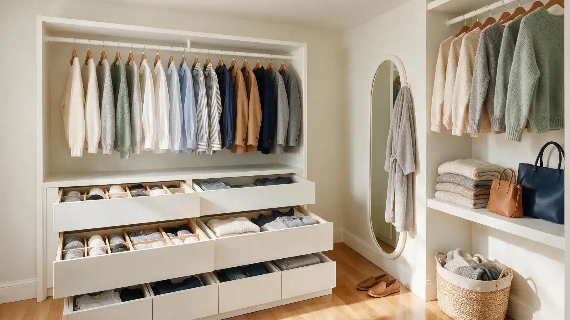 Small walk in closet with built in drawers hanging clothes side shelving full length mirror and woven laundry basket