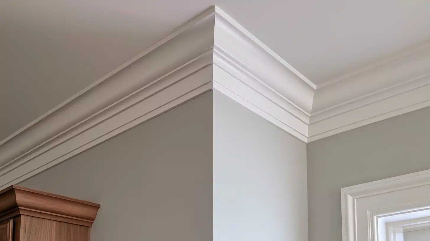 White crown molding runs along gray walls and around a corner, with part of a wooden cabinet at left and a window frame at right.