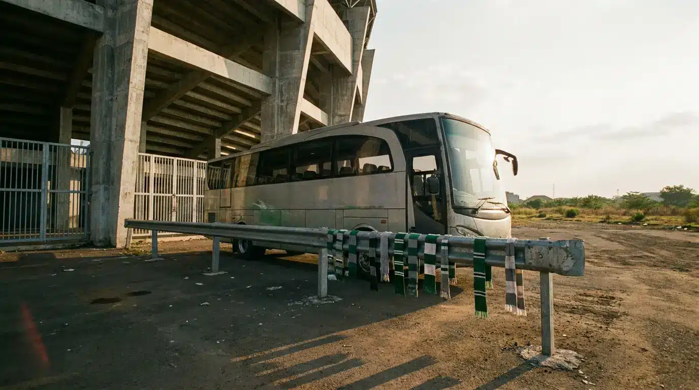 Bus parked near stadium with striped scarves hanging on metal railing