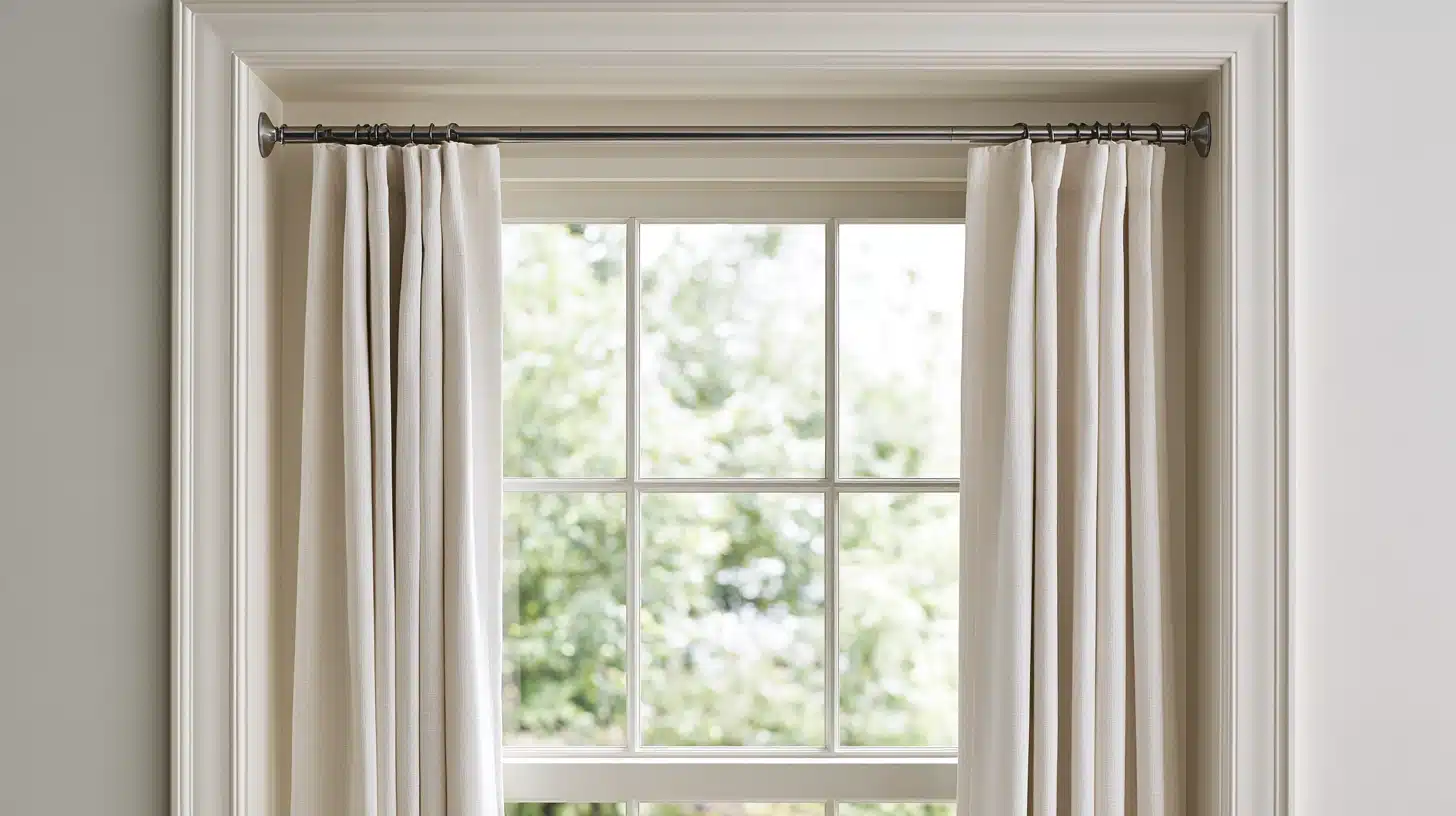 Inside mount curtain rod fitted within the window frame with white curtains and natural daylight