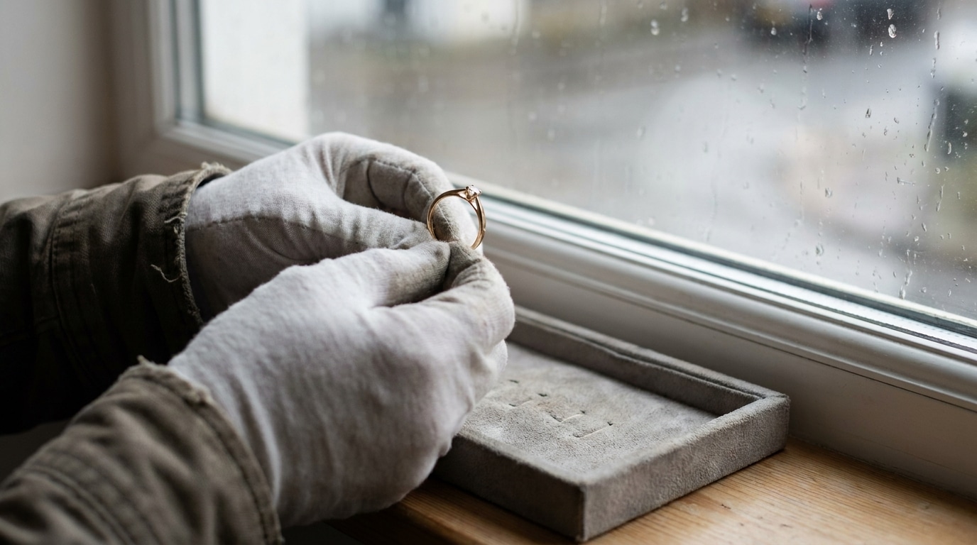 Hands with gloves holding a gold ring near a rainy window in soft light