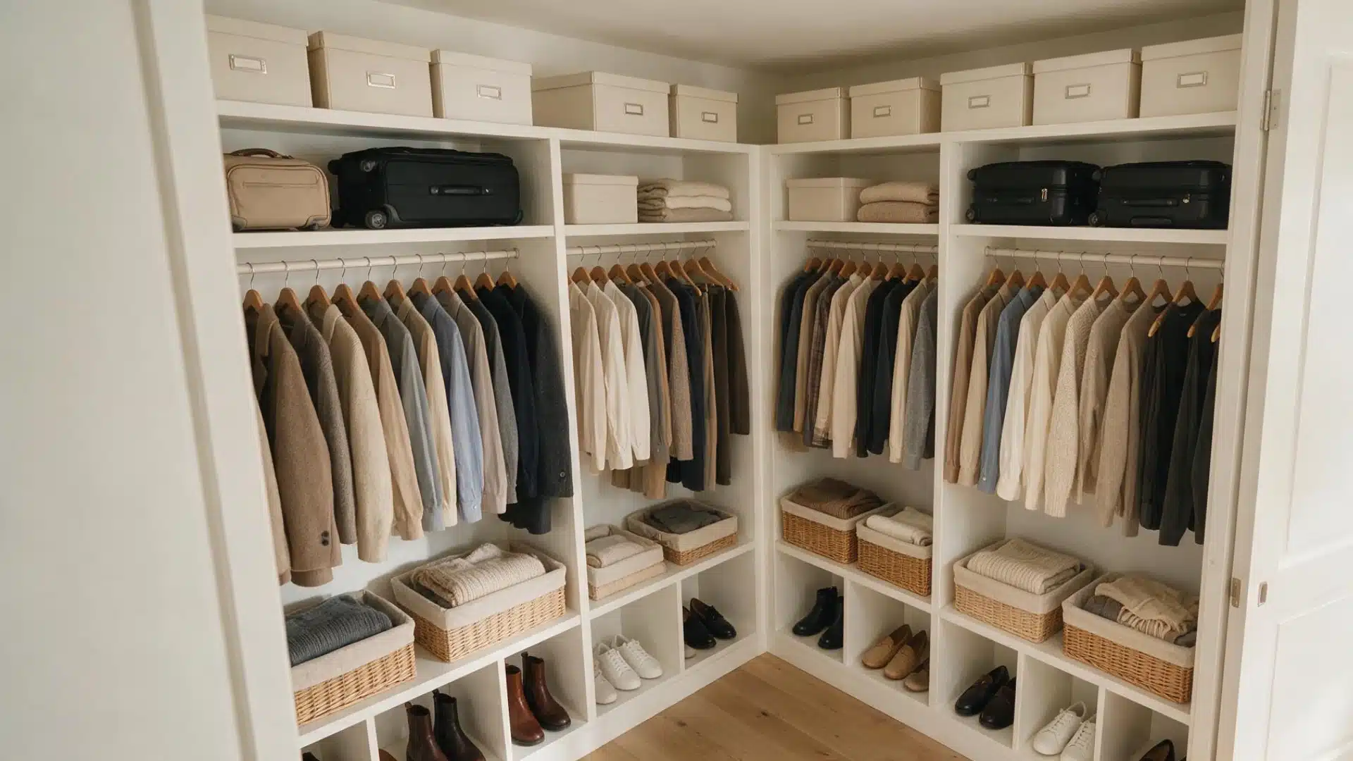White walk in closet with upper storage boxes hanging clothes woven baskets shoe cubbies and open wood flooring