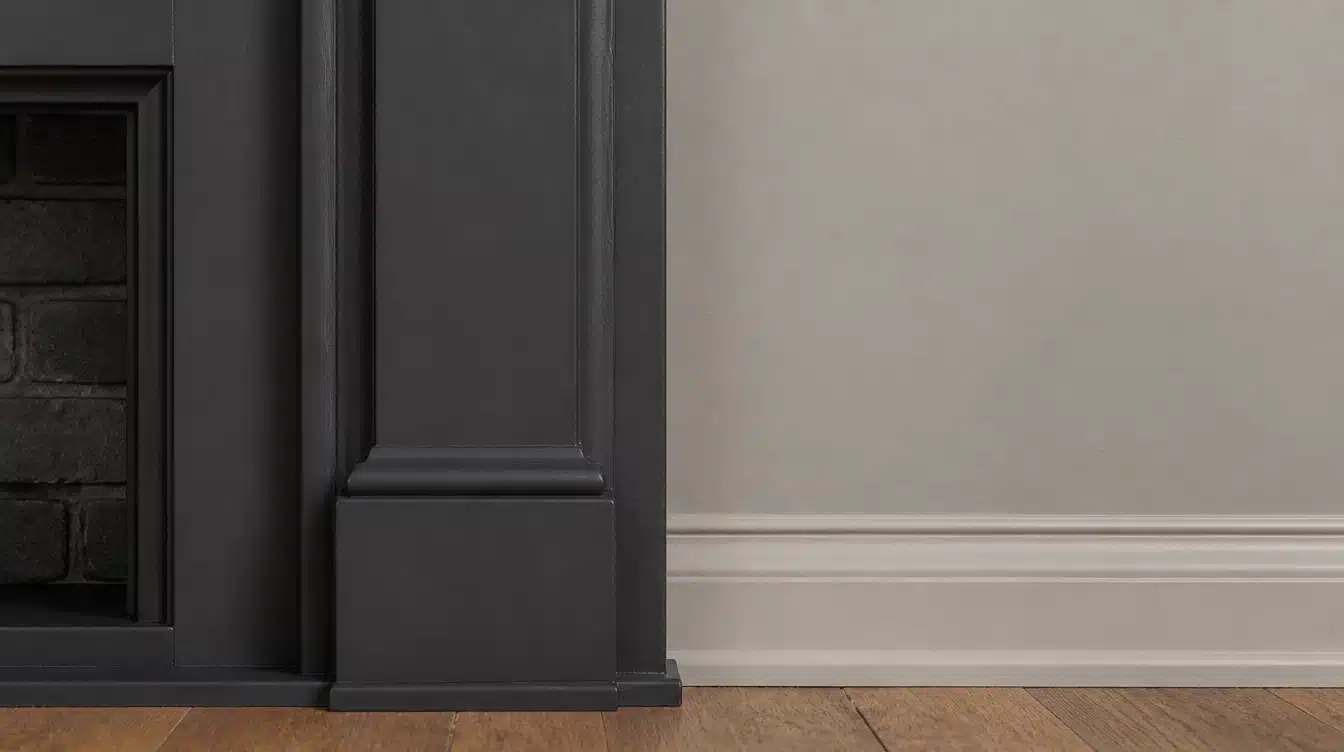 Black fireplace surround beside a beige wall with white molding and a wooden floor.