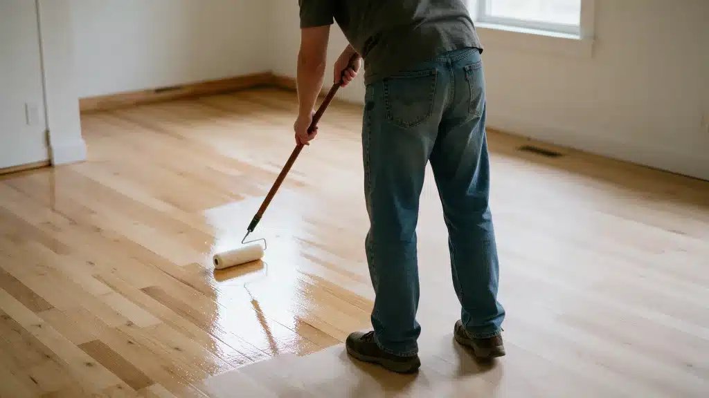 Person applying clear polyurethane finish to a hardwood floor with a long roller inside a bright empty home room