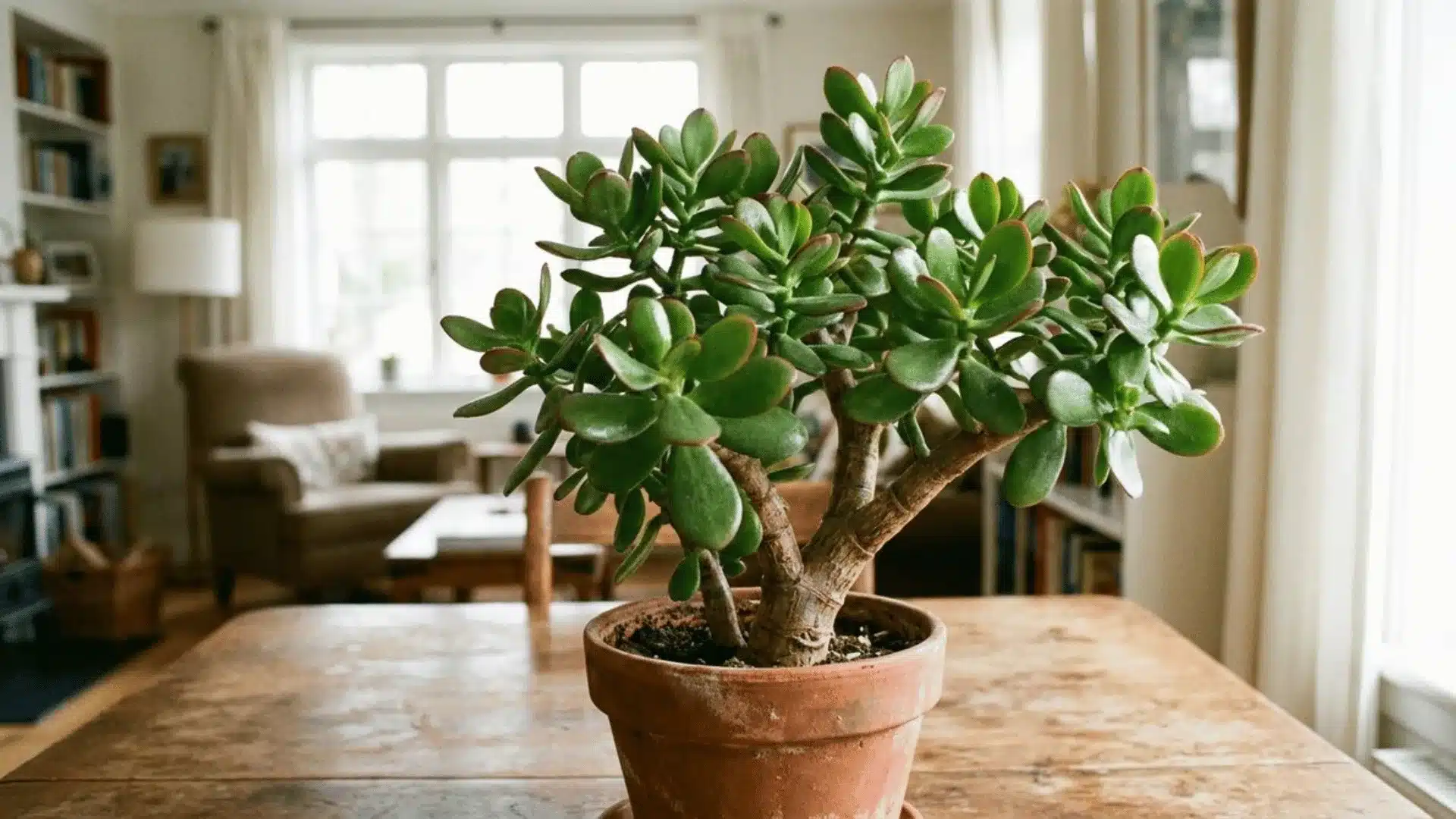 A large jade plant with thick green leaves grows in a terracotta pot on a wooden table in a bright living room.