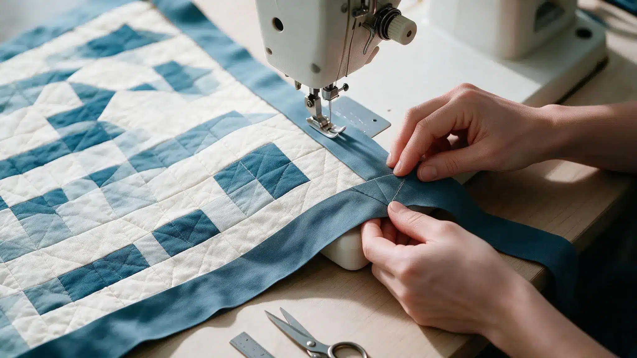 Hands position and join loose blue binding ends along the edge of a patchwork quilt beside scissors and a ruler
