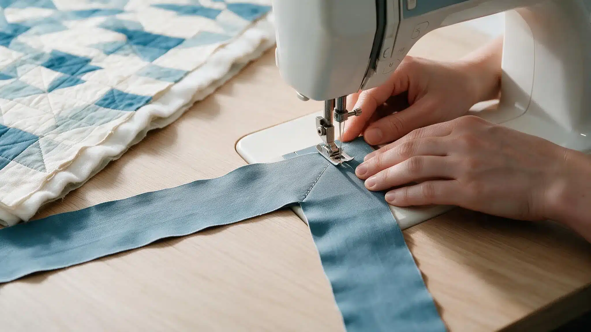 Hands join two blue quilt binding strips with a diagonal seam under a sewing machine beside the unfinished quilt
