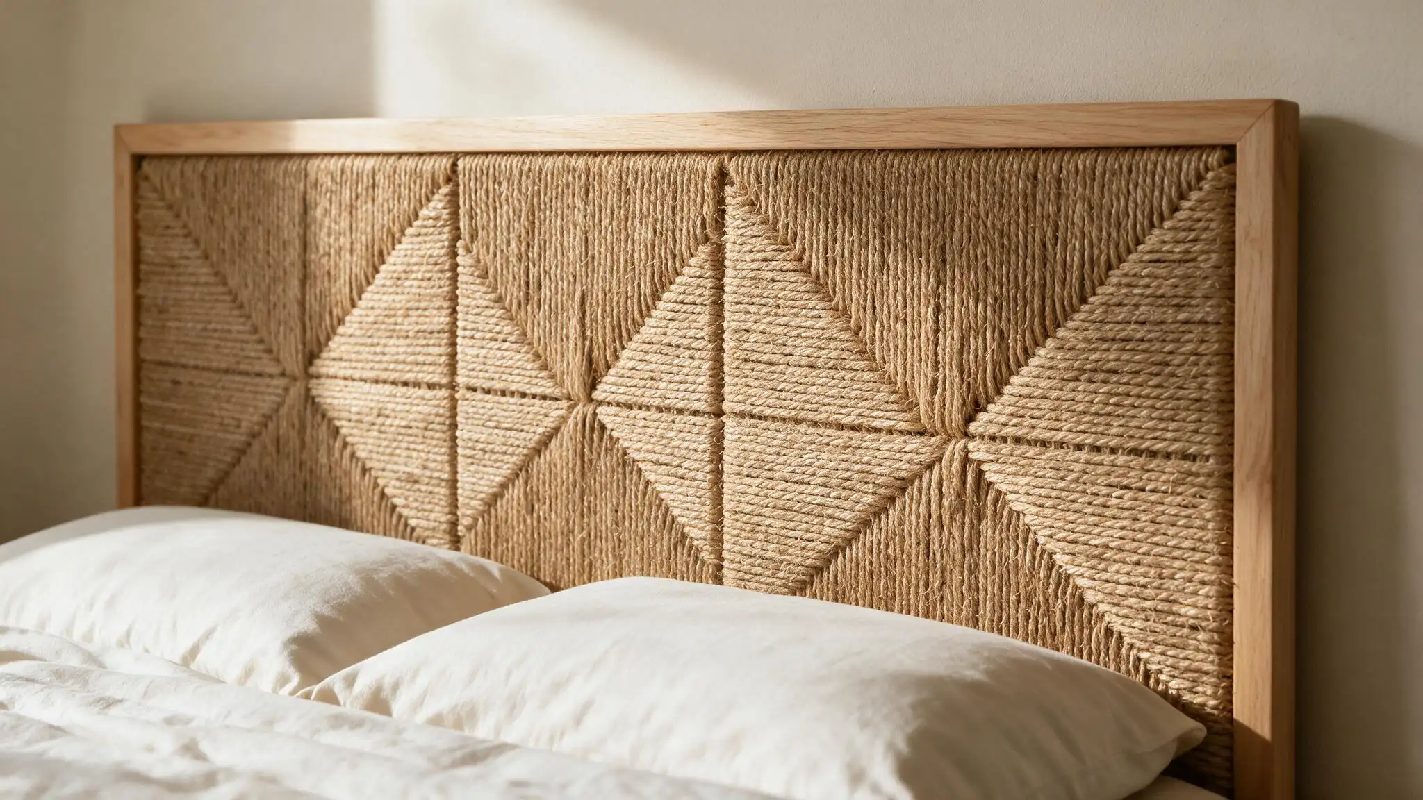Woven jute headboard with geometric rope pattern framed in natural light wood