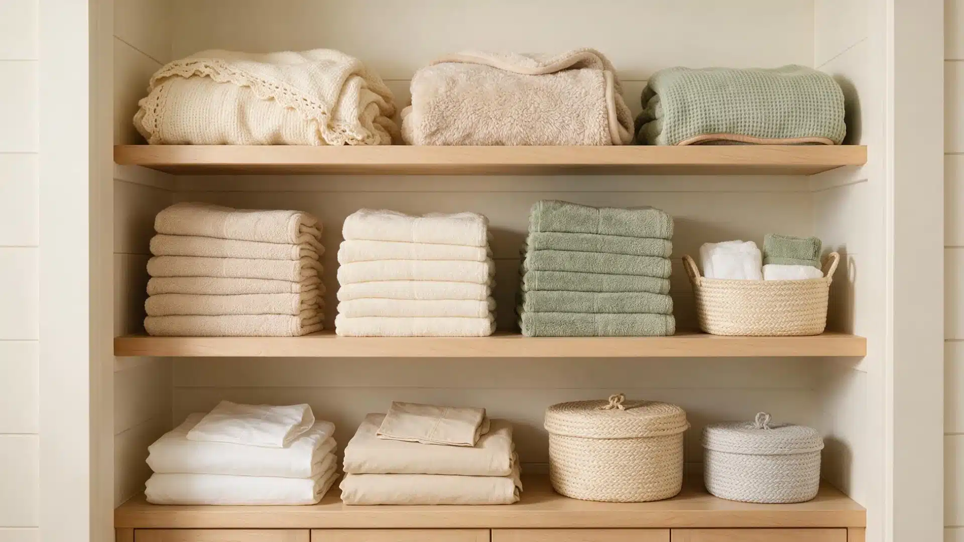 Everyday towels and sheet sets stored on easy to reach middle shelves in a linen closet.