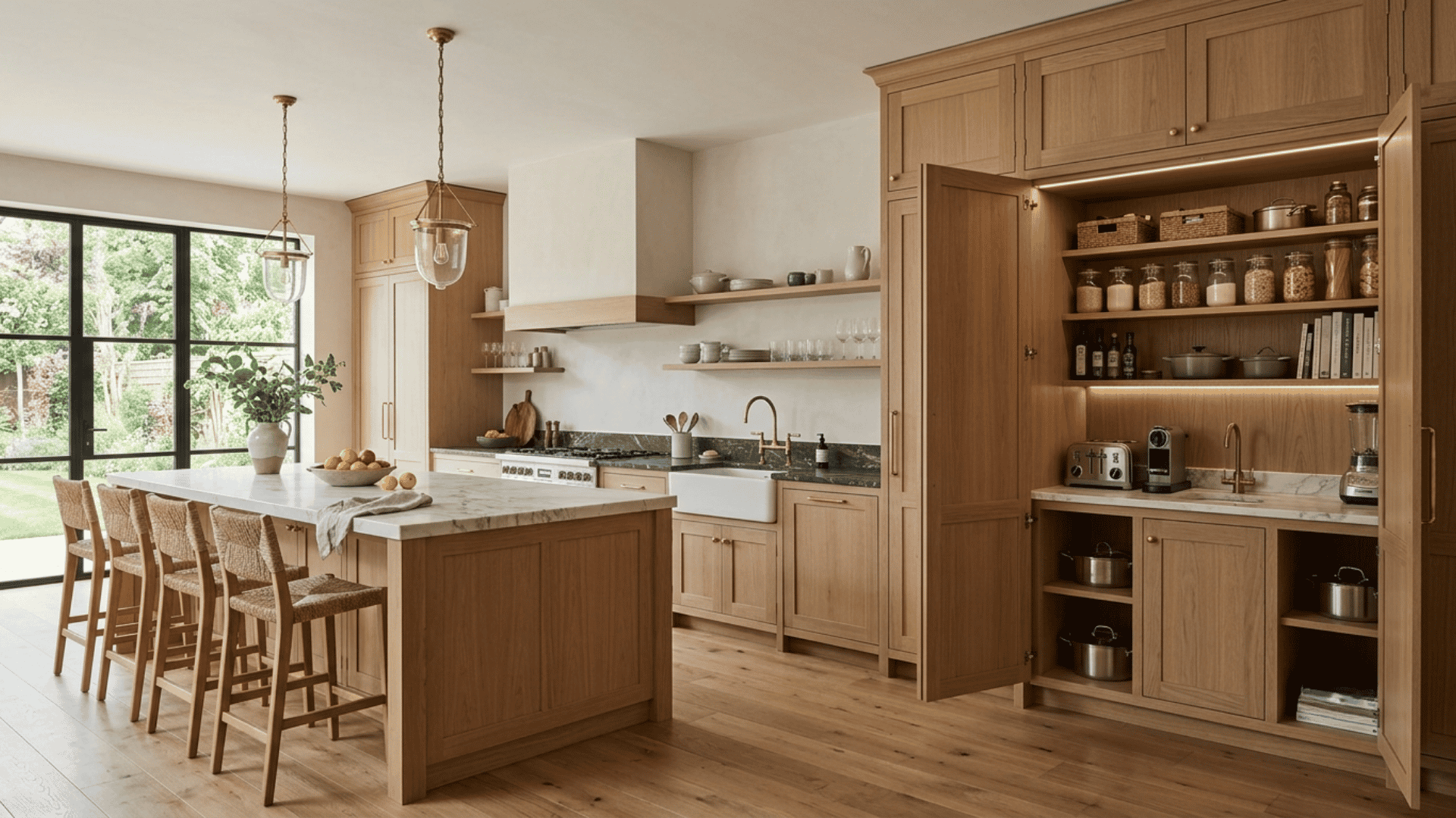 warm wood kitchen with marble island, open hidden pantry, oak cabinets, and garden windows
