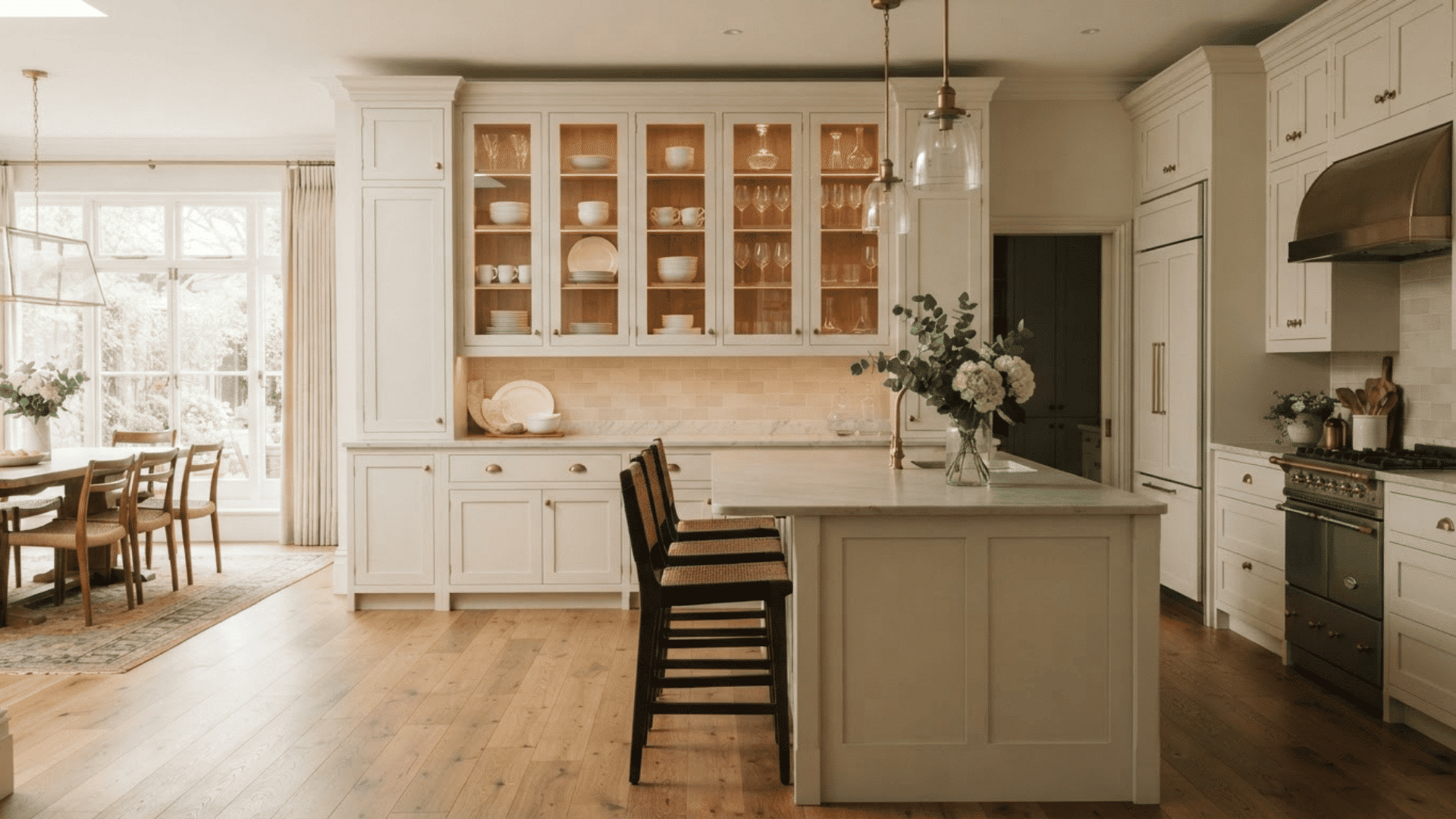 cream kitchen with illuminated glass-front cabinets, central island, black range, and wood floor