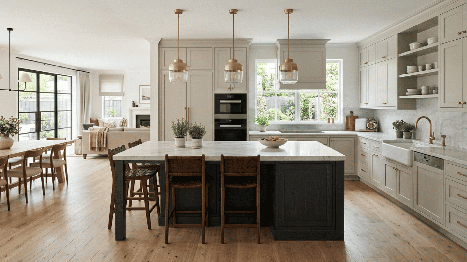 l-shaped white kitchen with dark island, marble counters, brass pendants, and open living area