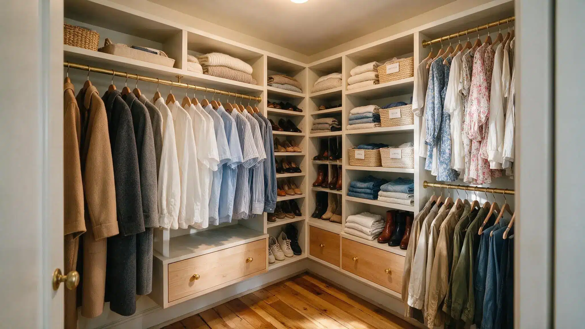 Compact L shaped walk in closet with hanging clothes corner shoe shelves woven bins drawers and warm wood flooring