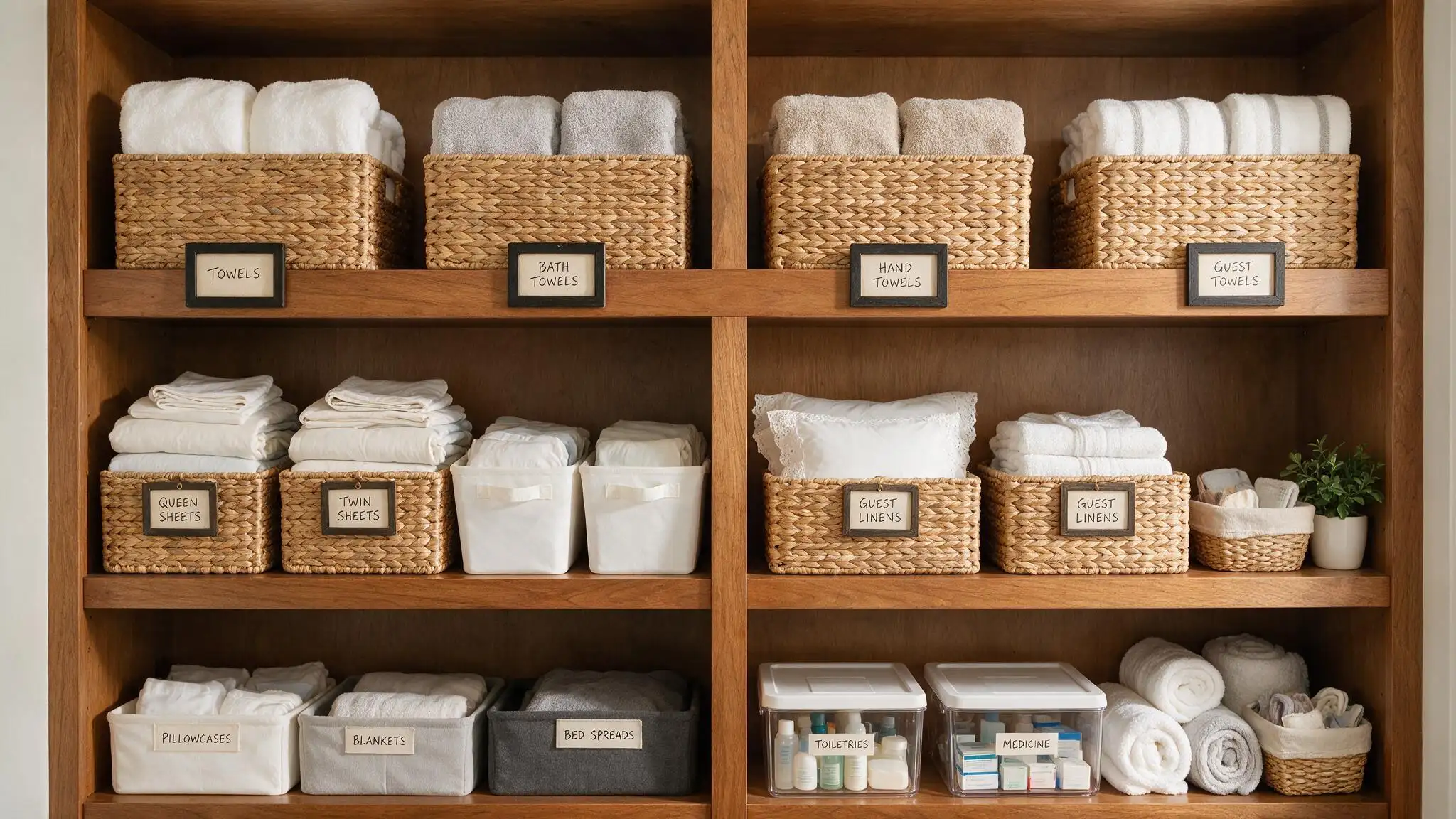 Organized linen closet with labeled baskets and bins for towels sheets guest linens and toiletries.
